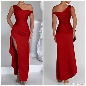 One Shoulder Red Satin Mermaid Bridesmaid Dress Women Off Shoulder Prom Dress
